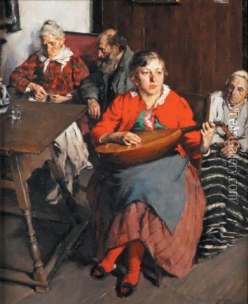 La Joueuse De Mandoline, 1924 Oil Painting - Peter Kalman