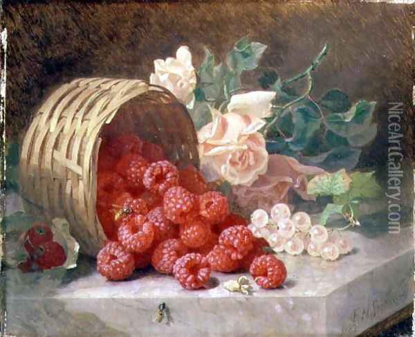 Overturned Basket with Raspberries and White Currants, 1882 Oil Painting - Eloise Harriet Stannard