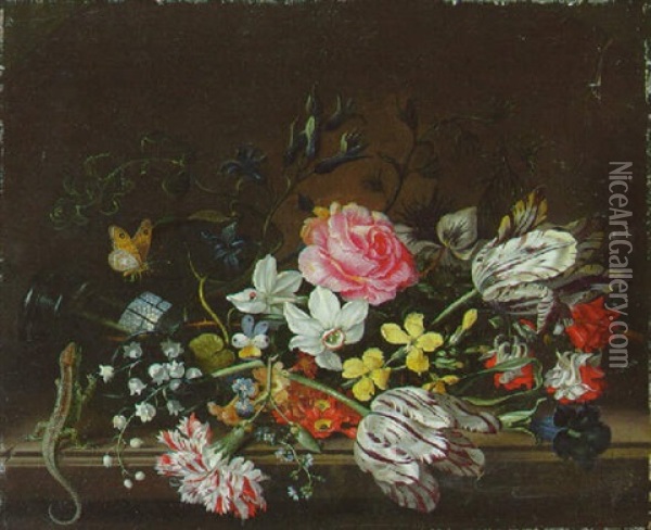 Parrot Tulips, Narcissi, Morning Glory And Other Flowers Spilling Out Of An Upturned Vase, With A Butterfly And A Lizard Oil Painting - Jacob Marrel