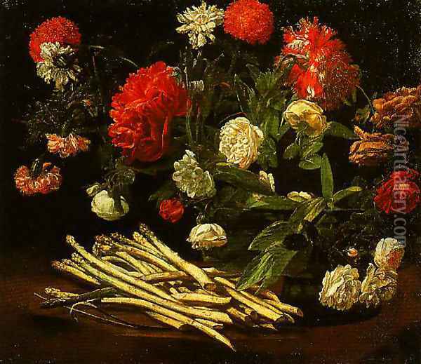 Still Life with Roses Asparagus Peonies and Carnations Oil Painting - Giovanni Martinelli