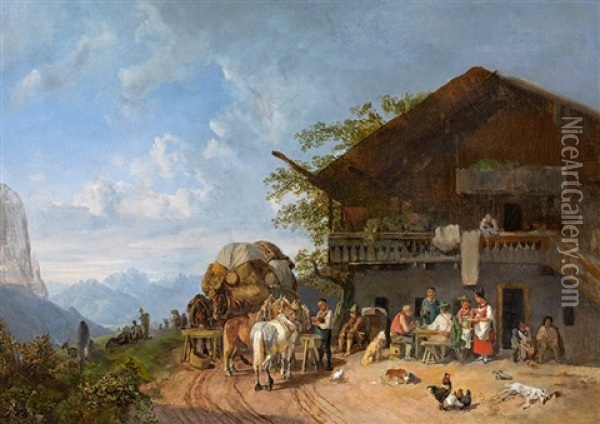 Resting In Front Of A Tavern In The Mountains Oil Painting - Heinrich Buerkel
