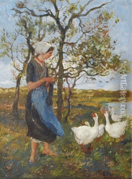 A Woman With Geese Oil Painting - Cornelis Koppenol