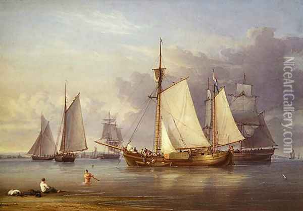 Dutch Fishing Boats at Anchor in an Estuary Oil Painting - William Joy