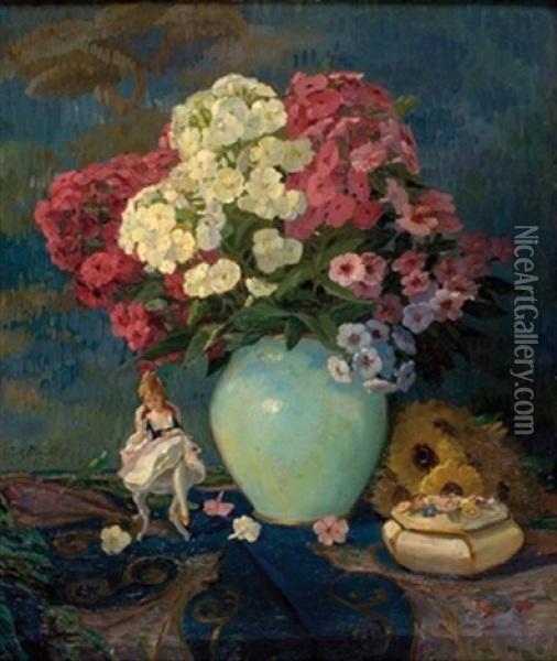 Stillleben Mit Blumen, Dose Und Porzellanfigur Oil Painting - Fritz Muller