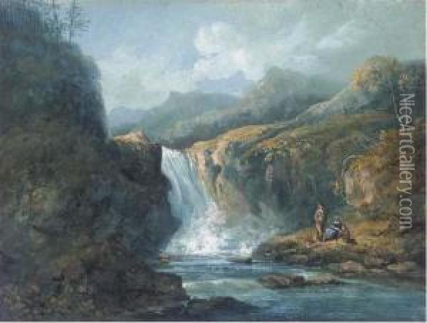Anglers Before A Waterfall Oil Painting - John Laporte