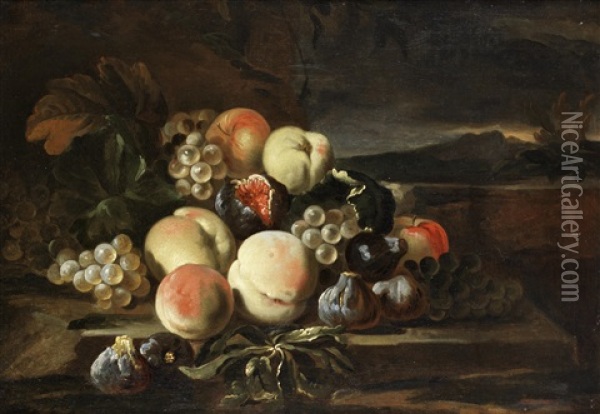 Figs, Peaches, Grapes And Other Fruit On A Stone Ledge, Before An Open Landscape Oil Painting - Giuseppe Ruoppolo
