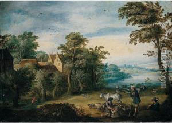 A River Landscape With Shepherds Shearing Sheep In The Foreground Oil Painting - Jasper van der Lamen