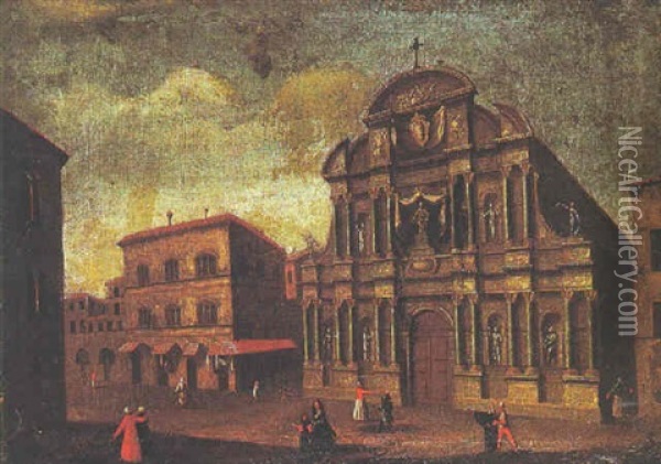 Vue D'un Palais Et D'une Eglise Sur Une Place Animee De Personnages Oil Painting - Giovanni Reder