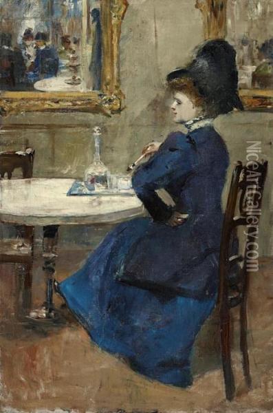 Dame Im Blauen Kleid Im Cafe Oil Painting - Lesser Ury