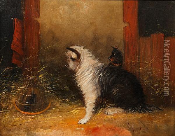 Terriers Ratting; And Another Similar Oil Painting - J. Langlois