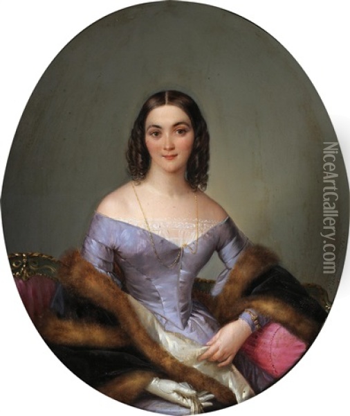 Portrait Of A Lady In A Stole Trimmed With Mink Oil Painting - Felice Schiavoni