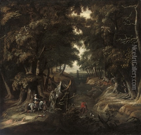 A Wooded River Landscape With An Elegant Hunting Party Oil Painting - Jan Looten