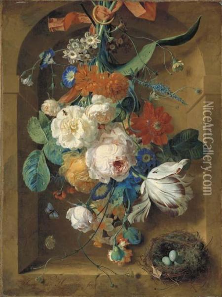 A Festoon Of Flowers Hanging From A Red Ribbon In A Stone Niche With A Bird's Nest Oil Painting - Jan Van Huysum