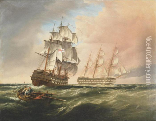 Man-of-war In Two Positions Oil Painting - William Clarkson Stanfield