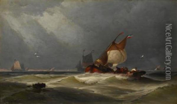 Fishing Boats In Stormy Water Oil Painting - George Washington Nicholson