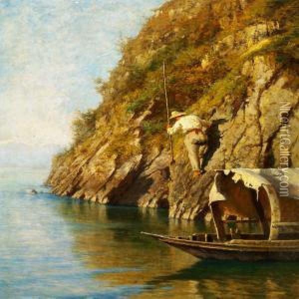 A Fisherman On A Steep Rock Looking For A Prey Oil Painting - Felix Possart