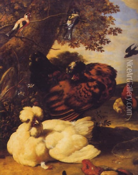 Landschaft Mit Vogeln Und Huhnern Oil Painting - Melchior de Hondecoeter