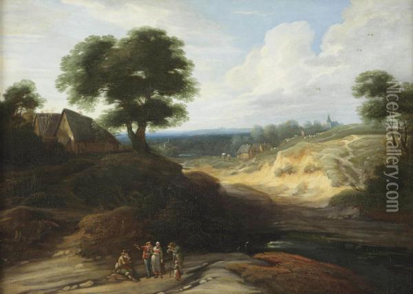 A Hilly Landscape With Figures Conversing On A Track, A Shepherdand His Cattle In The Distance Oil Painting - Lodewijk De Vadder
