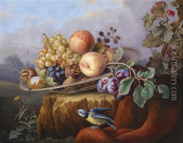 Fruchtestillleben Mit Vogel In Landschaft Oil Painting - Karl Franz Gruber