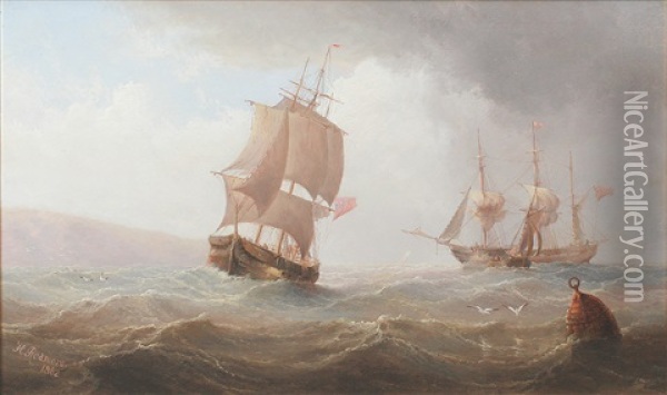 Fishing Boats And Other Shipping Off A Coastline Oil Painting - Henry Redmore