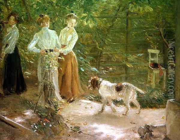 View of the artists garden with his daughters, 1903 Oil Painting - Fritz von Uhde