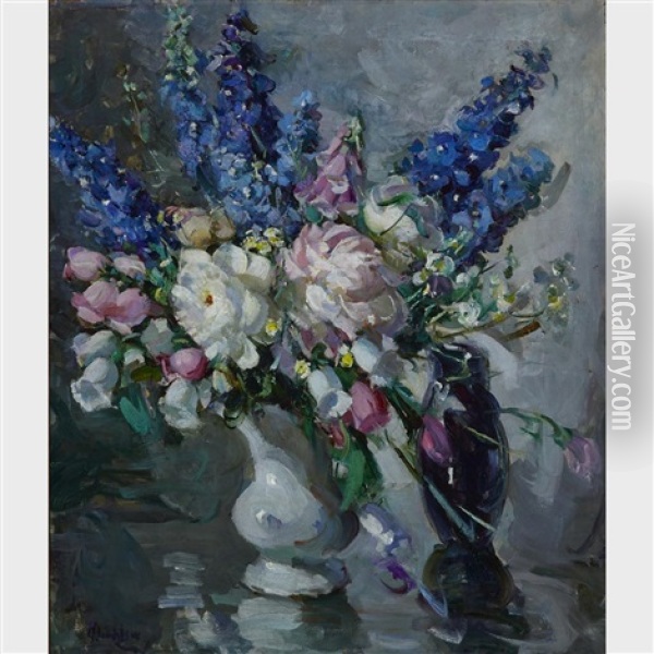 Still Life With Delphiniums And Peonies Oil Painting - Eva Theresa Bradshaw