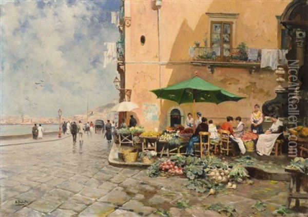 A Vegetable Stall By The Gulf Of Naples Oil Painting - Attilio Pratella