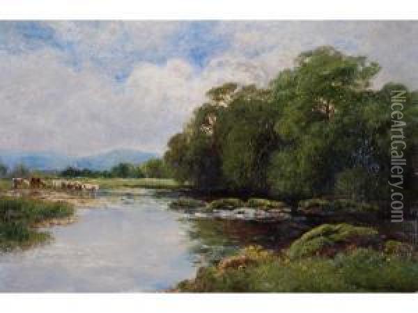 Tranquil River Scene With Cattle At Water And Hills In The Distance Oil Painting - John Clayton Adams