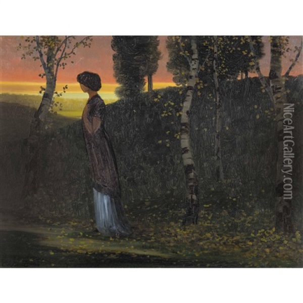 Landschaft Mit Einer Dame Im Abendrot Oil Painting - Eduard Ruedisuehli