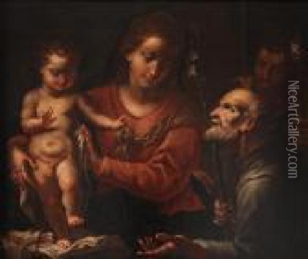 Sacra Famiglia Con San Giuseppe E Sangiacomo Maggiore Oil Painting - Simone Cantarini Il Pesarese