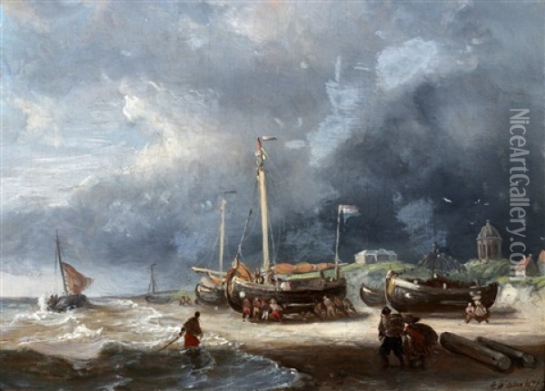 Botters Op Het Strand Oil Painting - George Willem Opdenhoff
