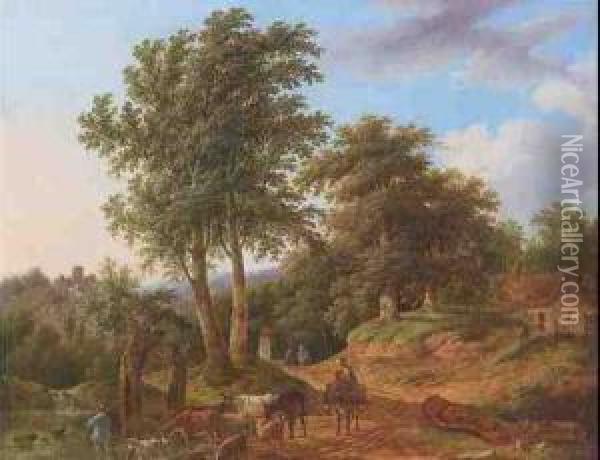 Baumlandschaft Mit Hirten Und Vieh Auf Dem Weg Am Wasser Vorn Oil Painting - Antoon Pieter Steyaert