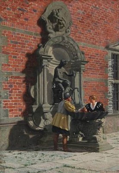 Conversation At A Fountain At Frederiksborg Castle Square Oil Painting - Adolf Heinrich Claus Hansen