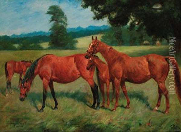 Brood Mares Amphinome And Miss Lettice With Their Foals In Anextensive Landscape Oil Painting - George Paice