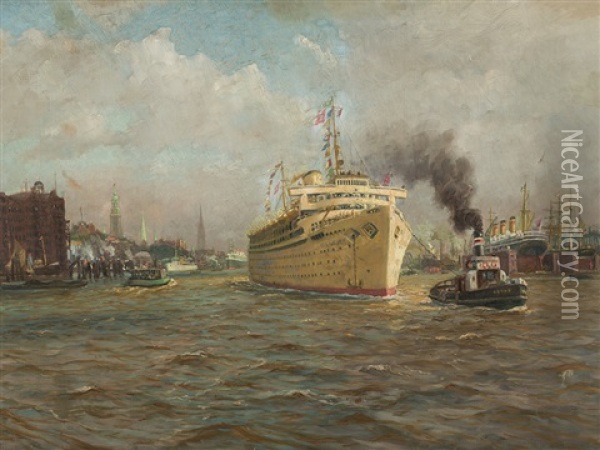 Wilhelm Gustloff In The Port Of Hamburg Oil Painting - Hans (Johannes) Bohrdt