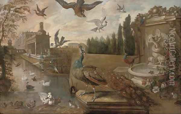 A landscaped garden with a peacock by a fountain with ducks Oil Painting - Jan Weenix