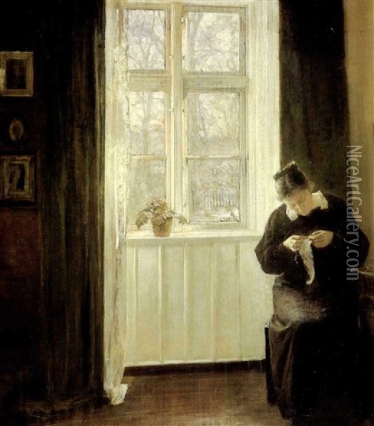 Sewing By The Window Oil Painting - Carl Vilhelm Holsoe