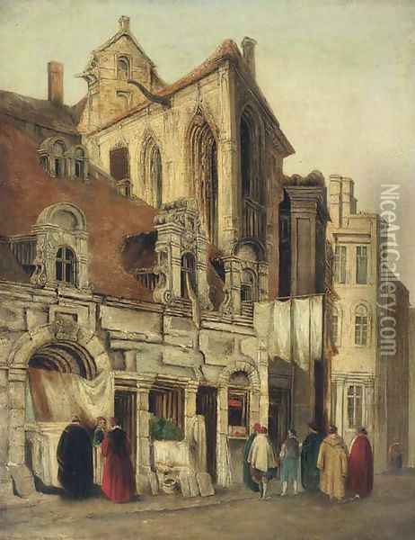 Figures conversing before a gothic church Oil Painting - Richard Parkes Bonington