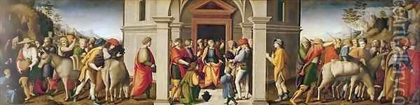 Joseph receives his Brothers Oil Painting - Francesco Ubertini Bacchiacca II