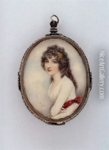Eine Junge Dame In Weisem Kleid Mit Lockigem Haar Oil Painting - Andrew Plimer