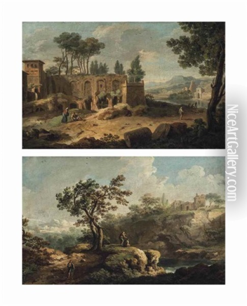 A Classical River Landscape With Travellers And Washerwomen Amongst Ruins; And A Mountainous River Landscape With Travellers Oil Painting - Paolo Anesi