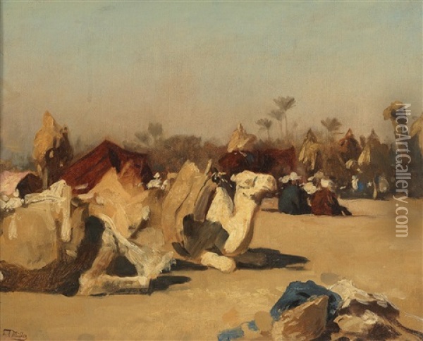 Camels Resting At An Oasis Oil Painting - Carl Leopold Mueller