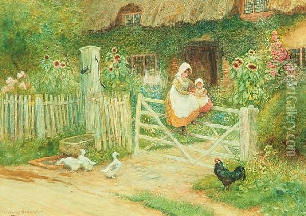 Mother And Child Seated On The Cottage Gate Oil Painting - Arthur Claude Strachan