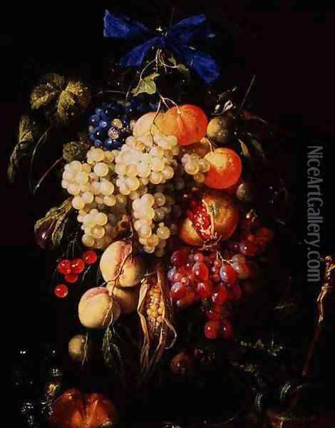 Bouquet of Fruit with Eucharistic Symbols on a Ledge Below Oil Painting - Cornelis De Heem