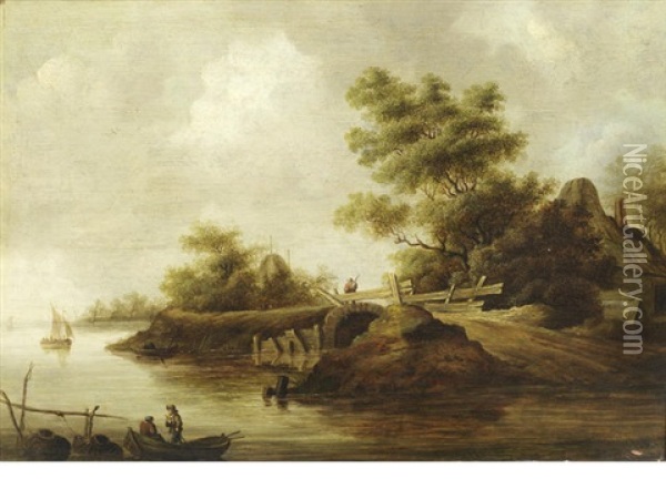 A River Landscape With Figures In A Ferry Oil Painting - Pieter Nolpe