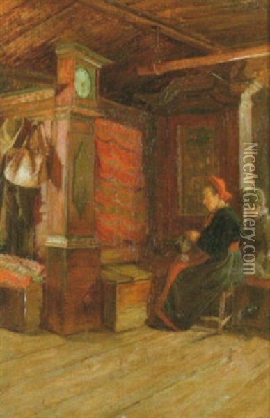 Interior Med Syende Kvinna Och Gosse Oil Painting - Alma Arnell