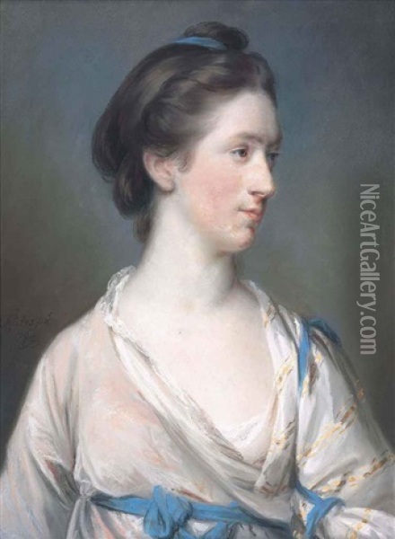 Portrait Of Dorothea Tucker (b. 1741), In A Pale Pink Dress And Blue Shawl Oil Painting - Francis Cotes