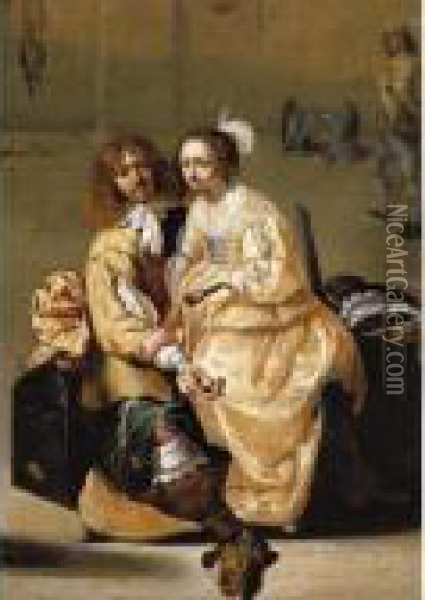 A Guardroom Interior With A Cavalier Holding A Coin, A Courtesan Sitting On His Knee Oil Painting - Jacob Duck