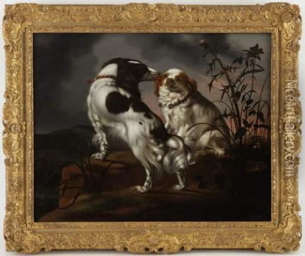 Cavalier King Charles Et Epagneul Dans Un Paysage Rocheux Oil Painting - Adriaen Cornelisz. Beeldemaker