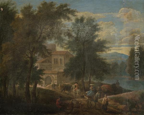 Travellers And Cowherds Before A Walled Village, An Italianate Landscape Beyond Oil Painting - Adriaen Frans Boudewijns